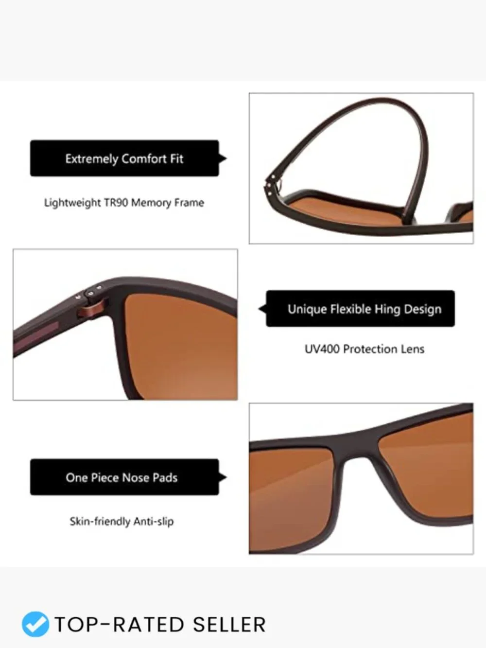 Square Polarized Sunglasses TR90 Frame UV400 Protection Lightweight Driving